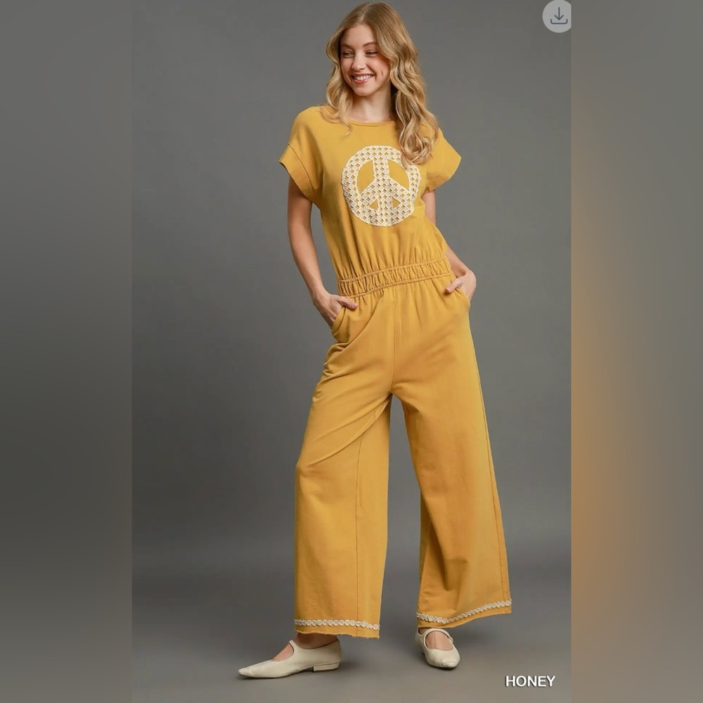 Umgee Honey Peace Sign Jumpsuit Small | Boho Wide Leg NWT